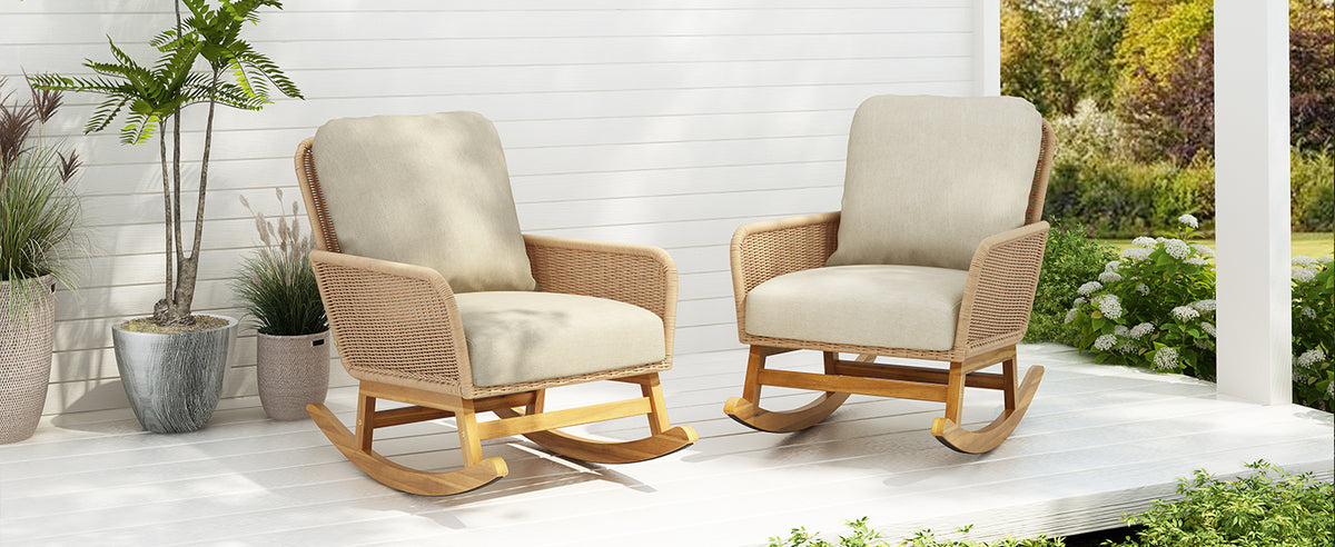 [Set of 2] Contemporary Minimalist Beige Wicker Rocking Chair with Soft Polyester Cushions and Durable Wooden Frame, Perfect for Indoor and Outdoor Spaces like Patio, Balcony, or Living Room