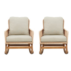 [Set of 2] Contemporary Minimalist Beige Wicker Rocking Chair with Soft Polyester Cushions and Durable Wooden Frame, Perfect for Indoor and Outdoor Spaces like Patio, Balcony, or Living Room