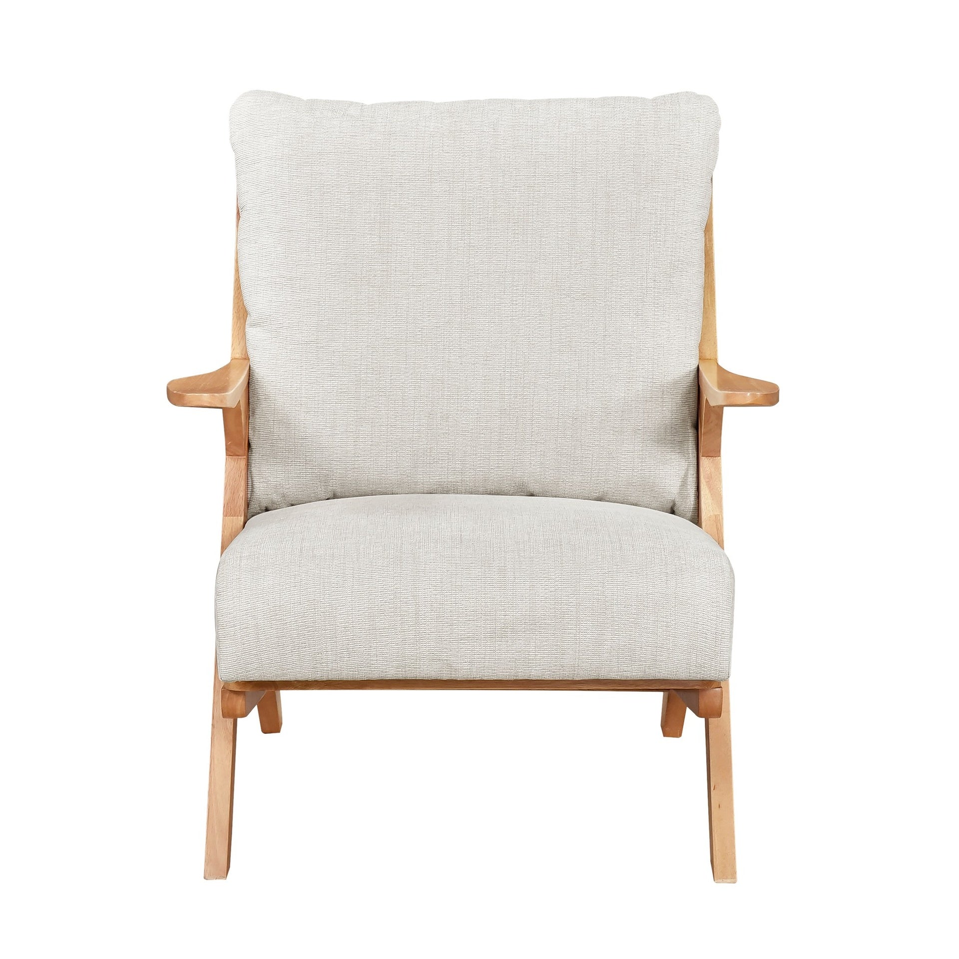 Mid-Century Modern Style Accent Chair 1pc Natural Finish Solid Rubberwood Frame Comfort Seat Cushion Beige Chenille Upholstery Living Room Furniture
