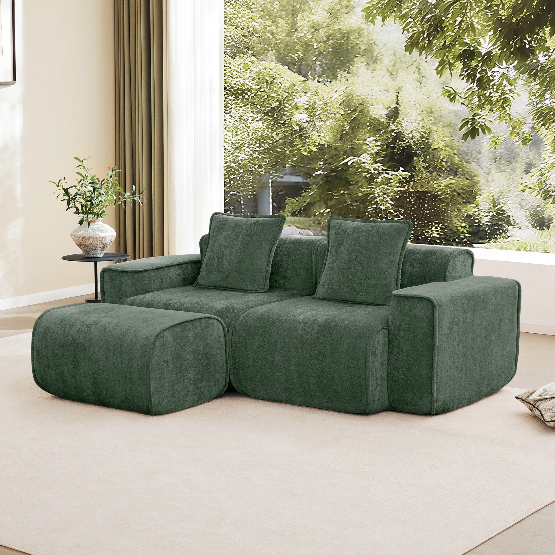 Streamlined Design Modular 2 Seat L Shape Sectional Boneless Sofa with French Edge Piping, No Assembly Required, 2-Seat Sofa Couch with Throw Pillows and 1 Movable Ottoman, Velvet Fabric Green