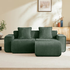 Streamlined Design Modular 2 Seat L Shape Sectional Boneless Sofa with French Edge Piping, No Assembly Required, 2-Seat Sofa Couch with Throw Pillows and 1 Movable Ottoman, Velvet Fabric Green