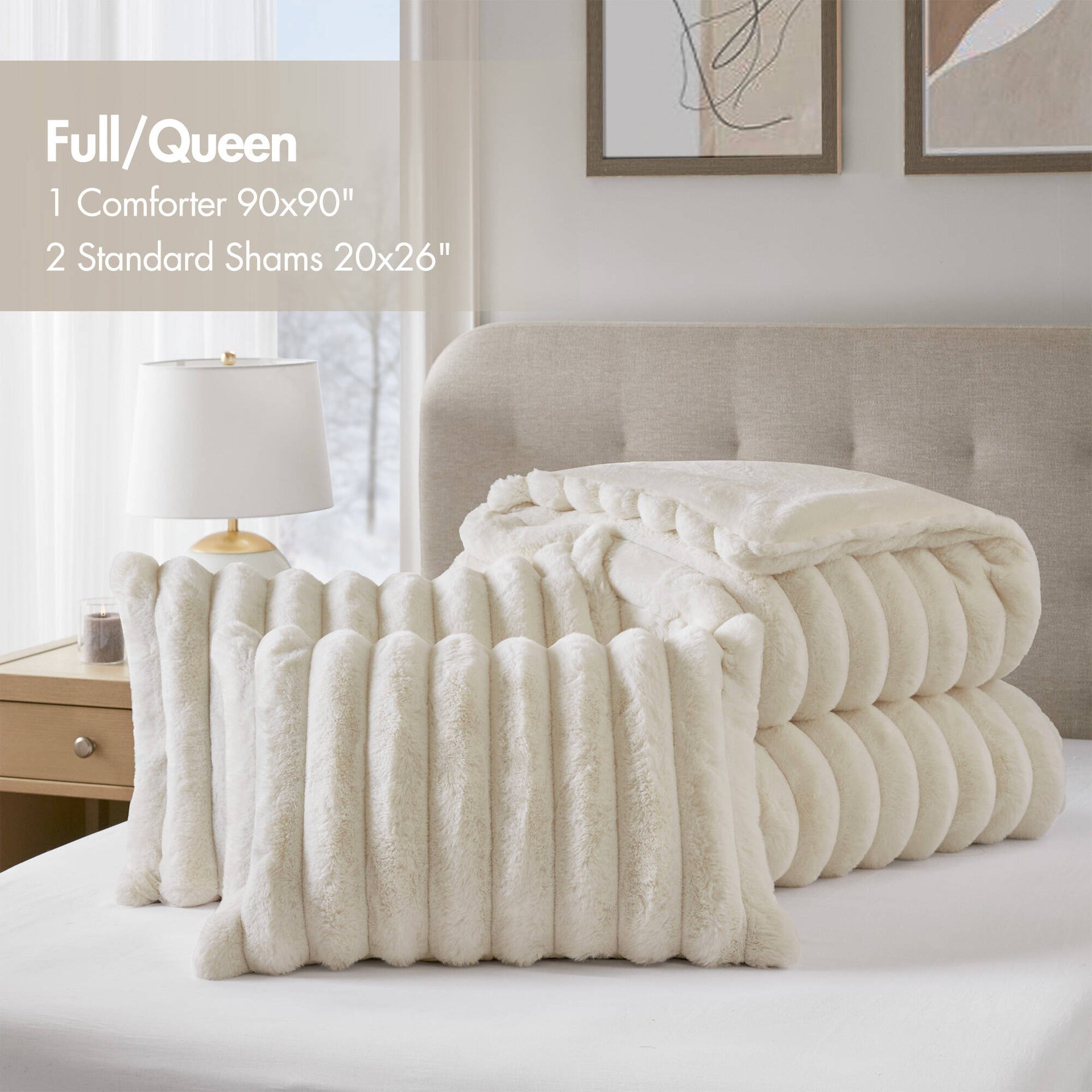 3-Piece Full/Queen Ultrasoft Faux Fur Ribbed Comforter Set,Ivory