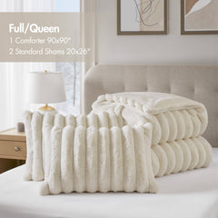 3-Piece Full/Queen Ultrasoft Faux Fur Ribbed Comforter Set,Ivory
