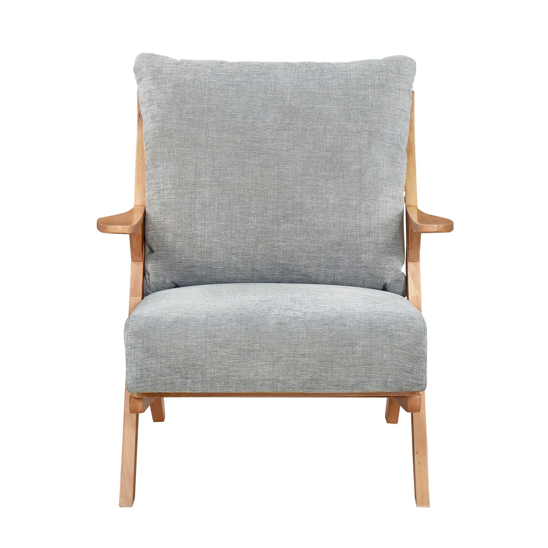 Mid-Century Modern Style Accent Chair 1pc Natural Finish Solid Rubberwood Frame Comfort Seat Cushion Gray Chenille Upholstery Living Room Furniture