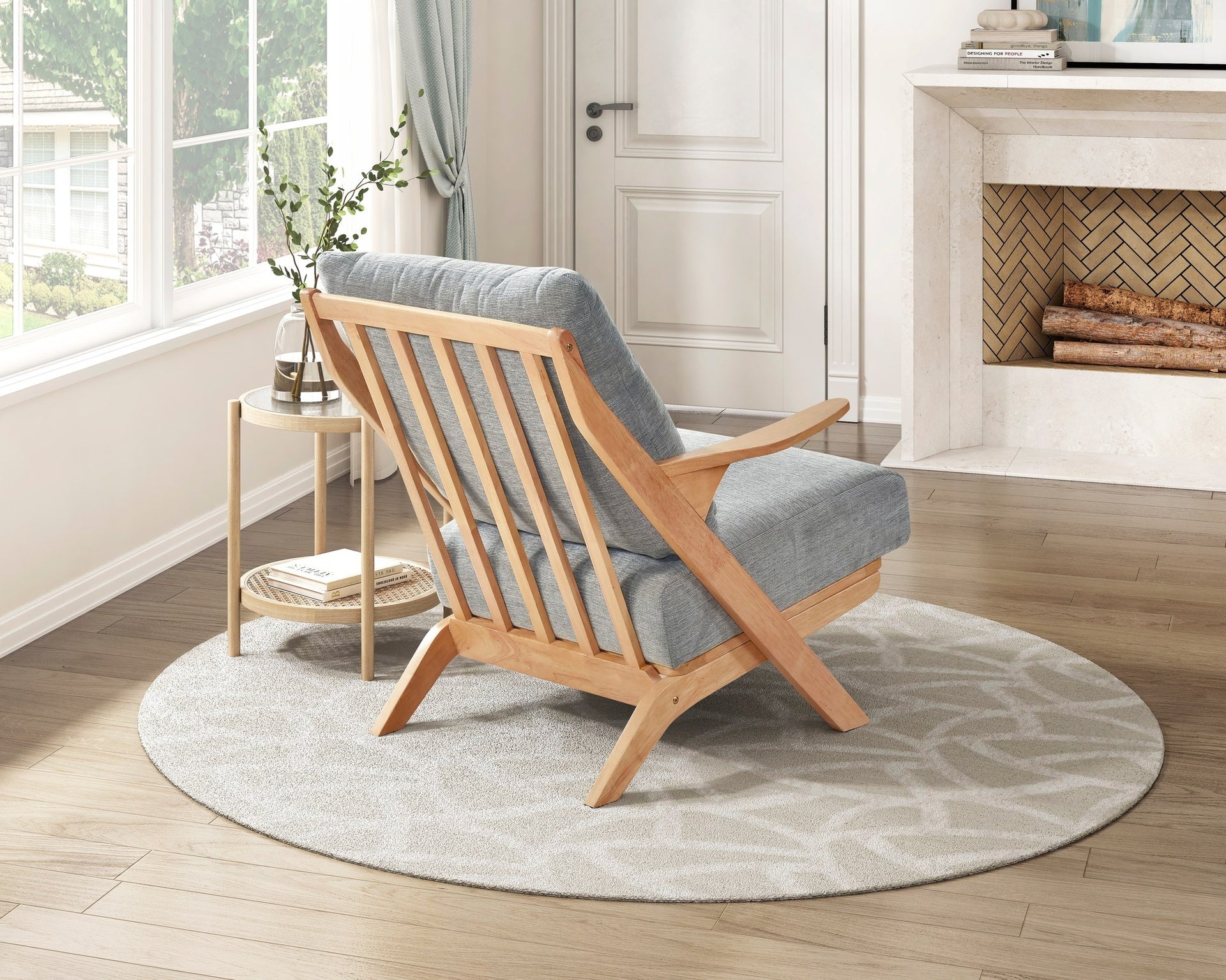 Mid-Century Modern Style Accent Chair 1pc Natural Finish Solid Rubberwood Frame Comfort Seat Cushion Gray Chenille Upholstery Living Room Furniture