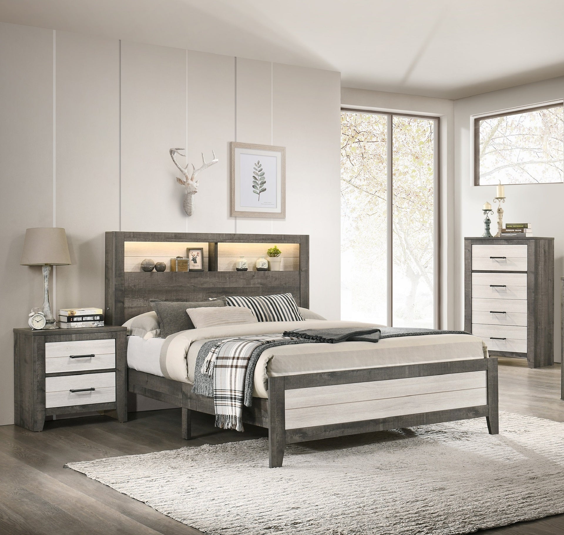 1pc Nightstand Two-tone Finish Convenient Bedside Storage Two Drawers Metal Pull Handle Gray Beige