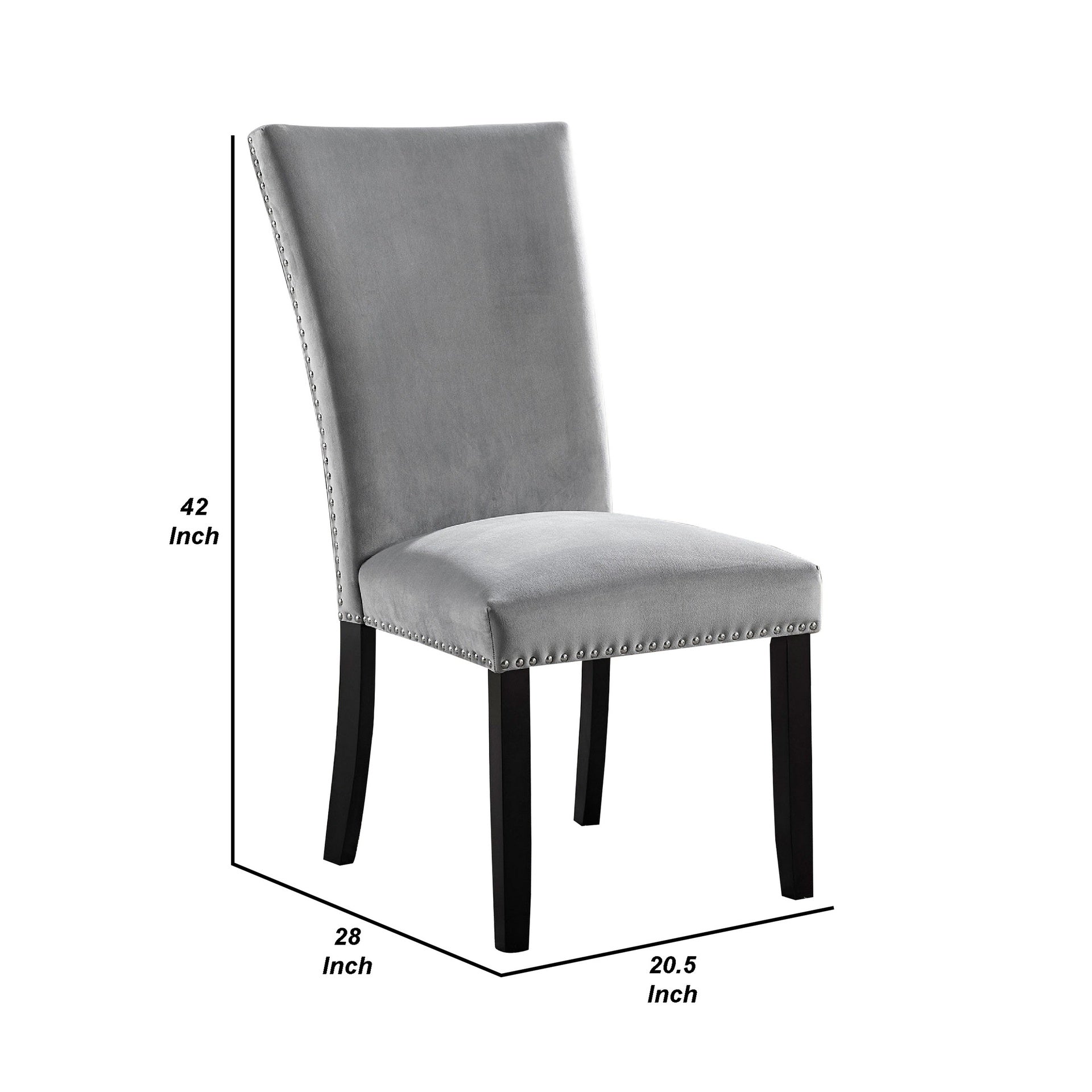 28 Inch Dining Side Chair Set of 2, Padded Gray Flannelette, Black Wood