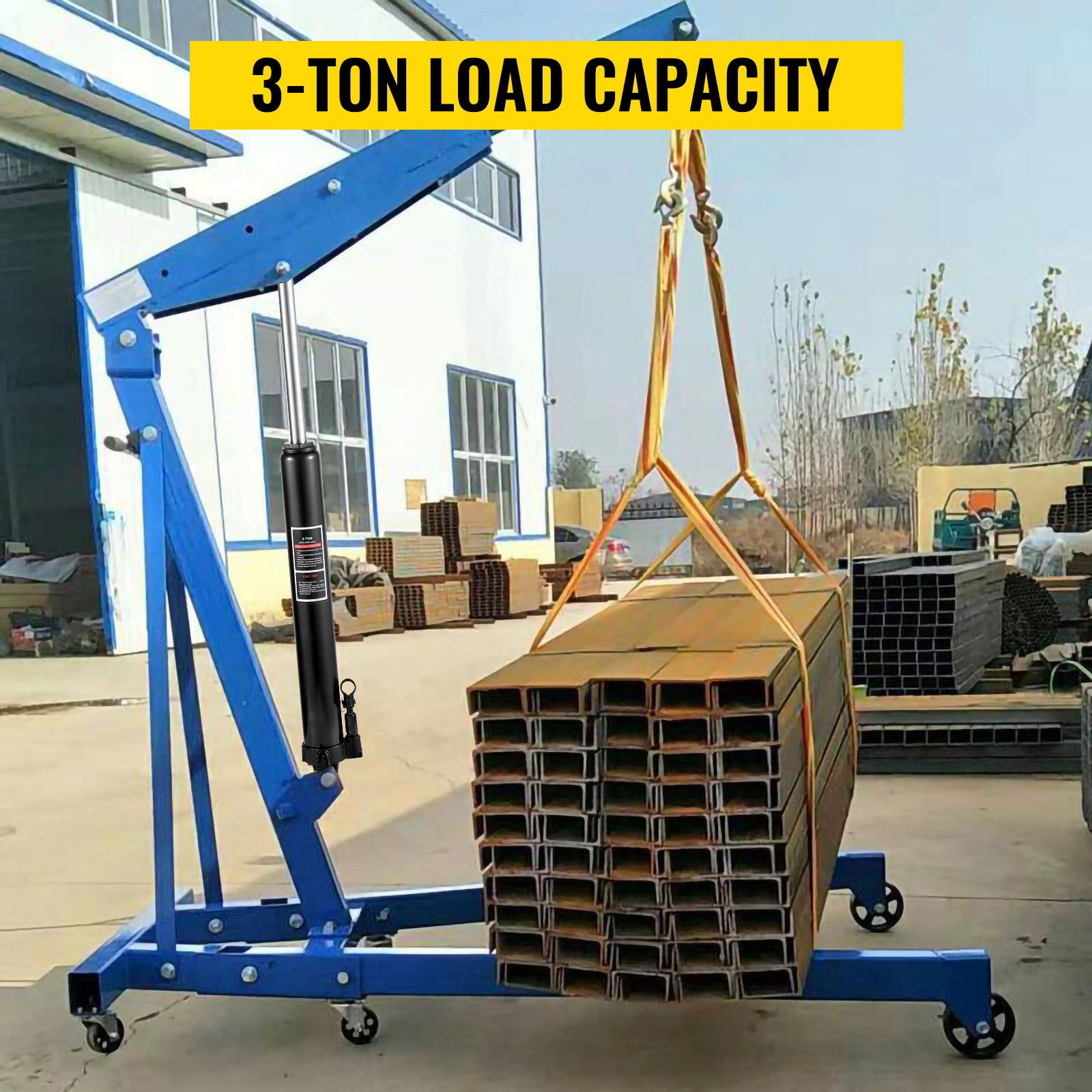 Hydraulic Long Ram Jack, 3 Tons/6600 lbs Capacity, with Single Piston Pump and Clevis Base, Manual Cherry Picker w/Handle, for Garage/Shop Cranes, Engine Lift Hoist, Black