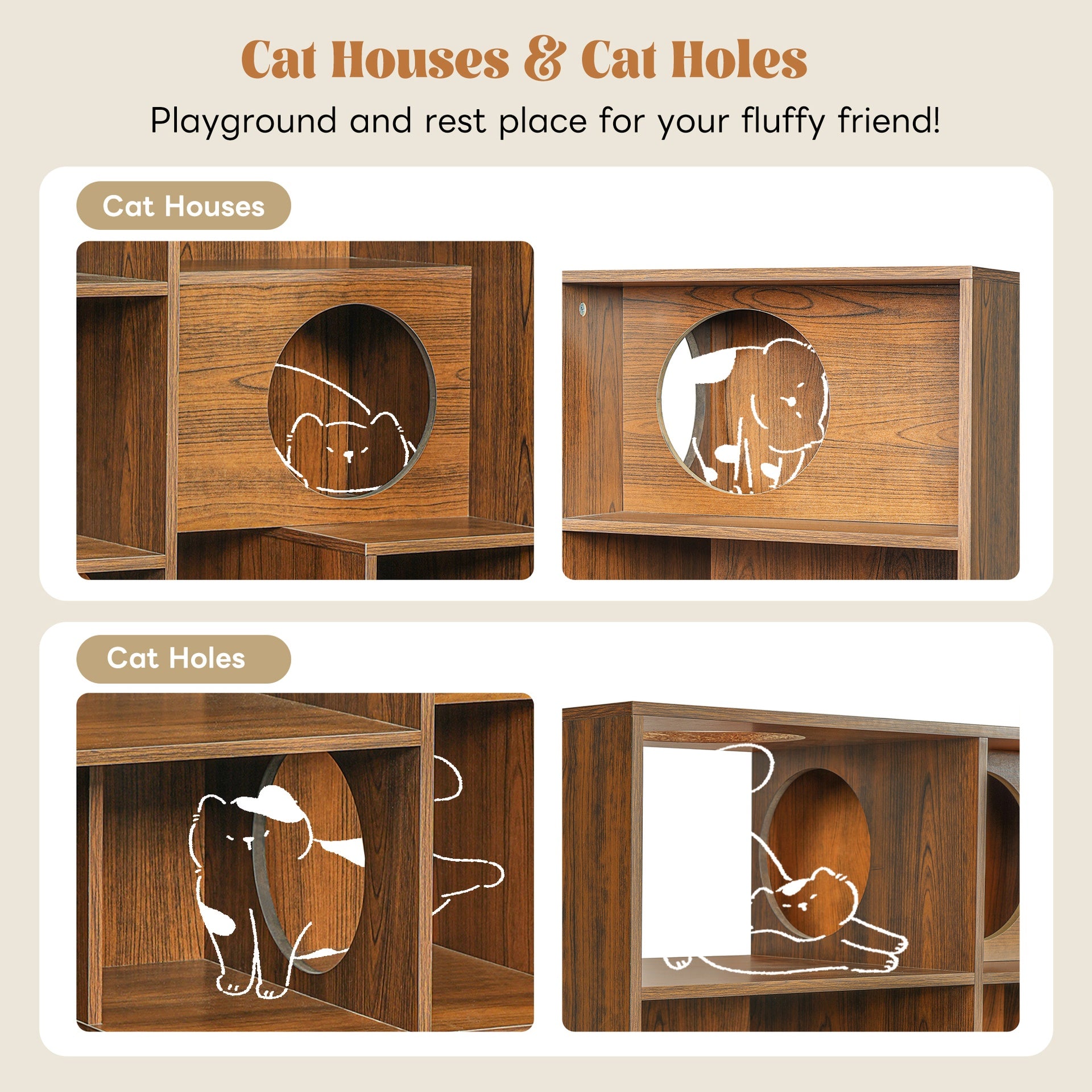 Modern 2 IN 1 Wood Bookshelf  Cat House, Cat Tree Display Case with Storage, Cat Litter Box Enclosure Climbing Shelf - BROWN