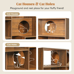 Modern 2 IN 1 Wood Bookshelf  Cat House, Cat Tree Display Case with Storage, Cat Litter Box Enclosure Climbing Shelf - BROWN