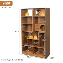 Modern 2 IN 1 Wood Bookshelf  Cat House, Cat Tree Display Case with Storage, Cat Litter Box Enclosure Climbing Shelf - BROWN
