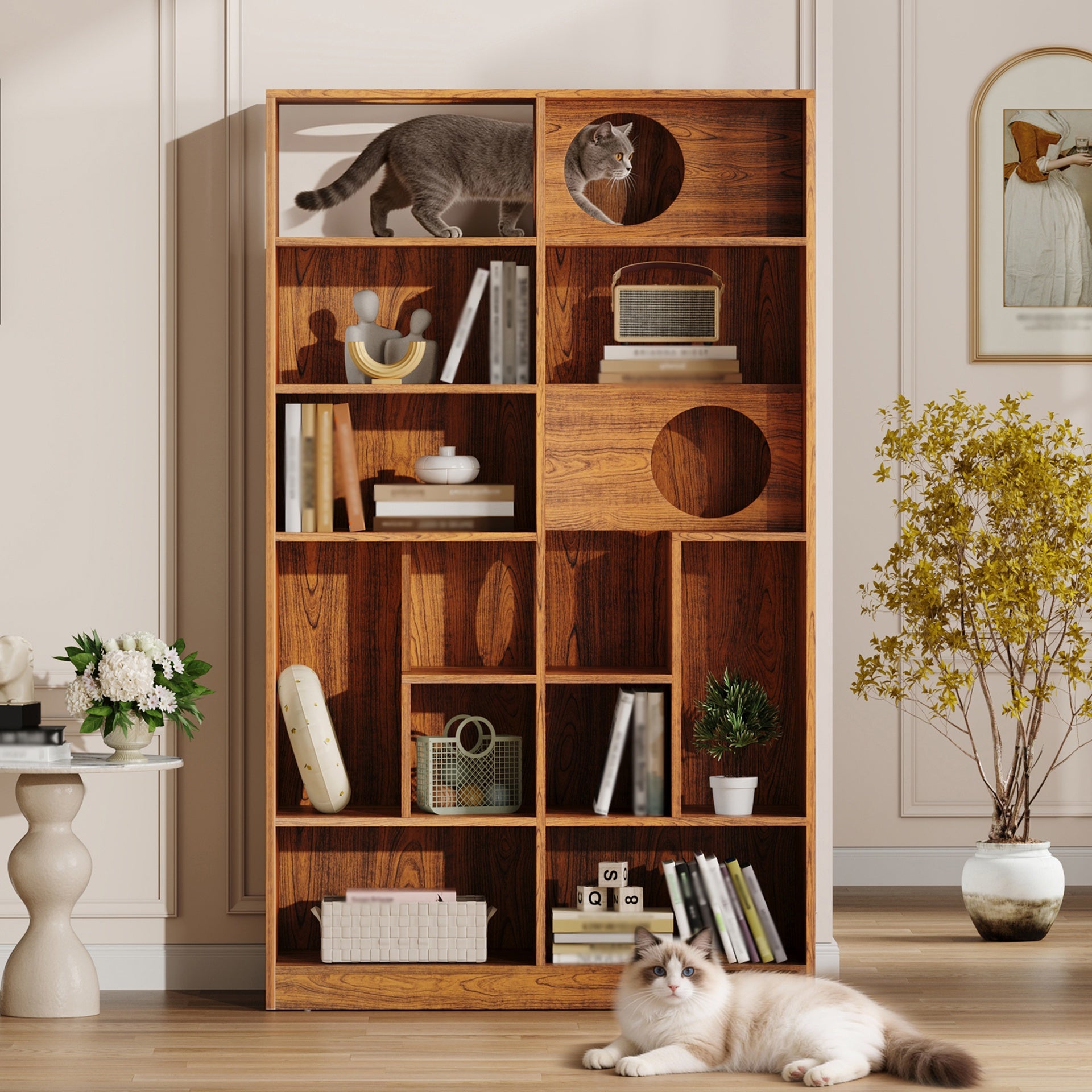 Modern 2 IN 1 Wood Bookshelf  Cat House, Cat Tree Display Case with Storage, Cat Litter Box Enclosure Climbing Shelf - BROWN