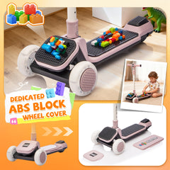 Kids Ride On 3-Wheel Scooter W/Buildable blocks, PU flashing wheels and Folding Kick Scooter,Thickened custom aluminum tube,5-position height-adjustable handlebar&one-touch footbrake for Kids Aged 3-9
