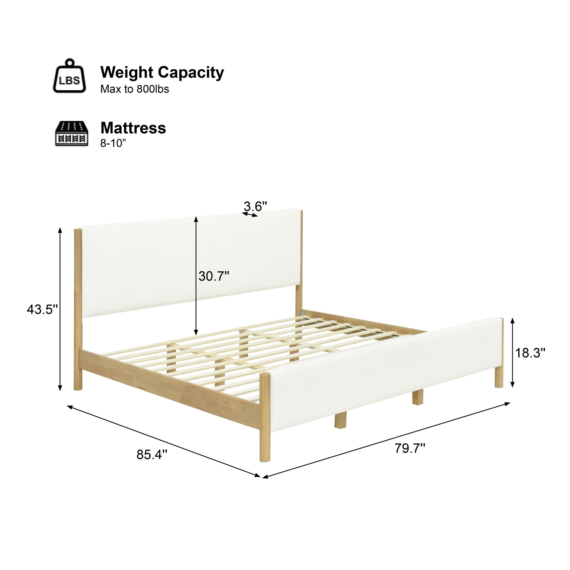 Modern White Boucle Upholstered Bed with Rubberwood Legs, KING, White