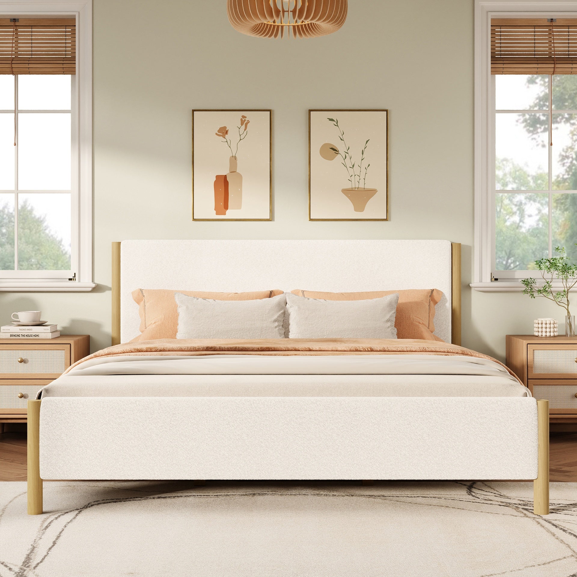 Modern White Boucle Upholstered Bed with Rubberwood Legs, KING, White