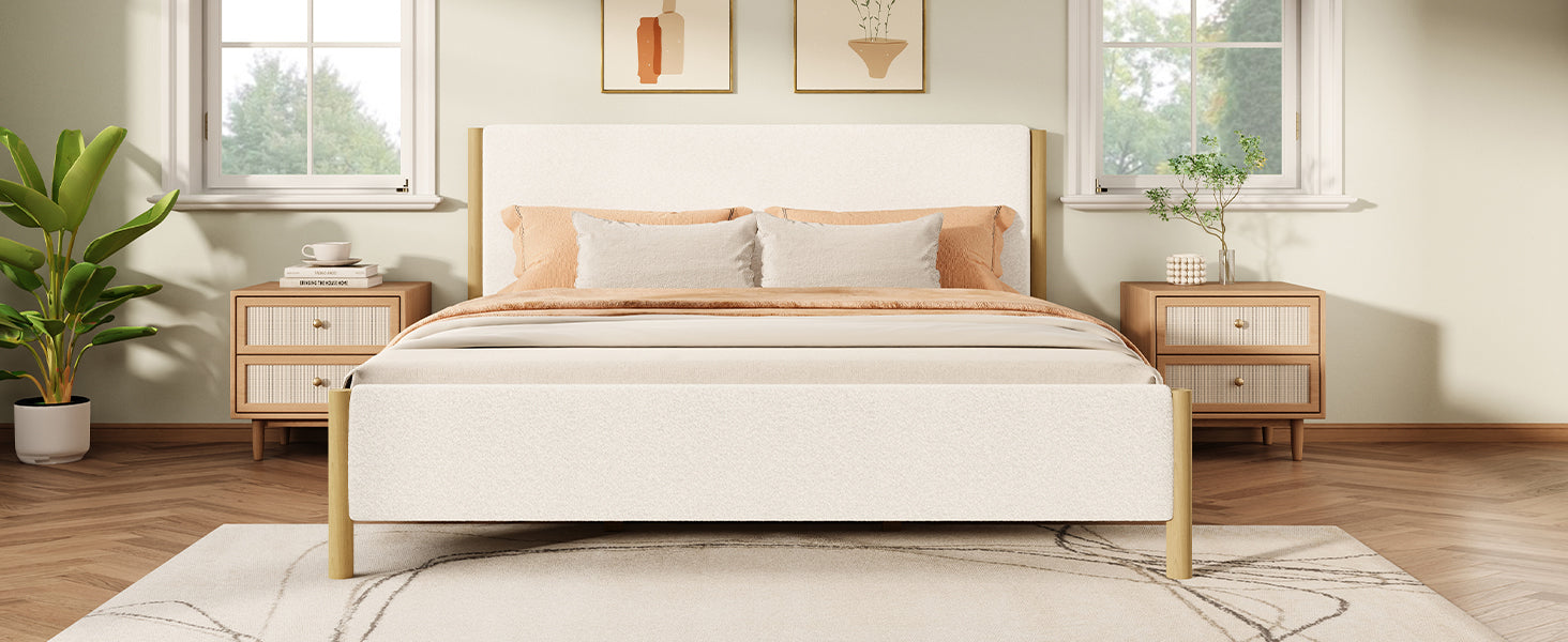 Modern White Boucle Upholstered Bed with Rubberwood Legs, KING, White