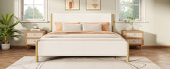 Modern White Boucle Upholstered Bed with Rubberwood Legs, KING, White