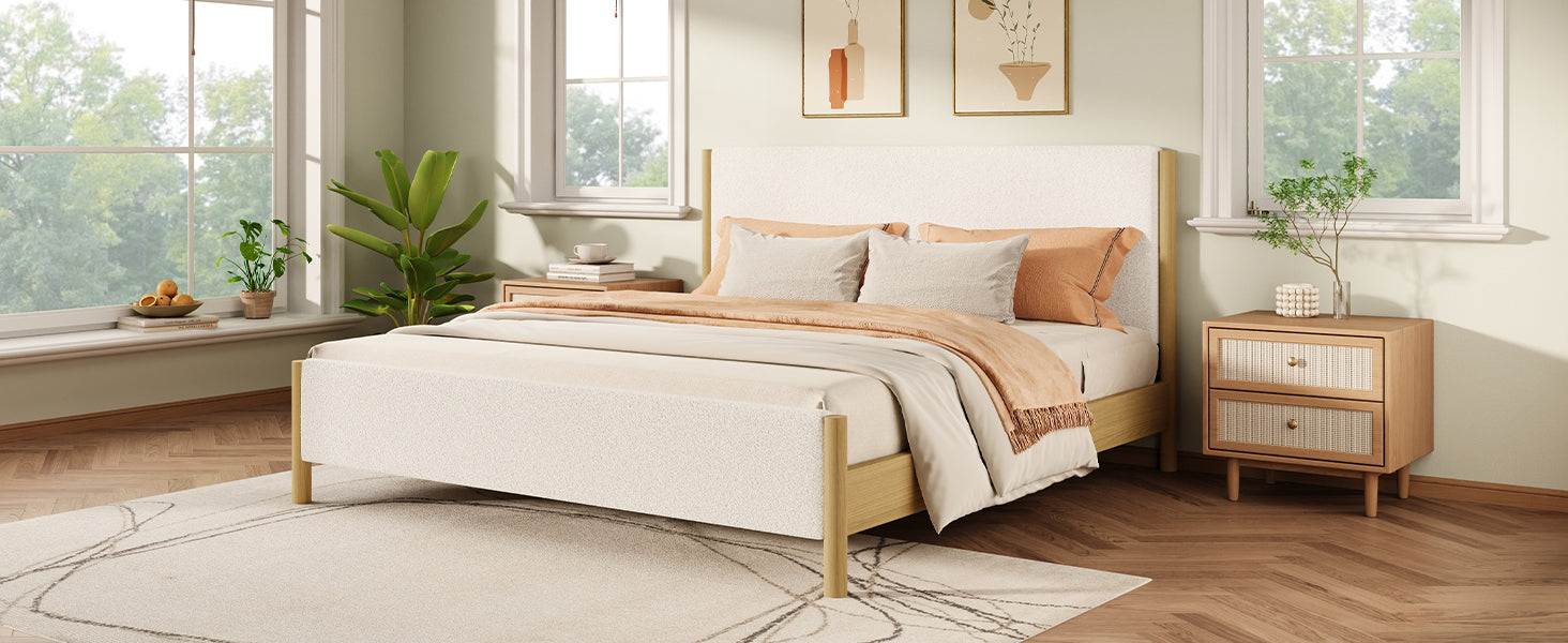 Modern White Boucle Upholstered Bed with Rubberwood Legs, KING, White