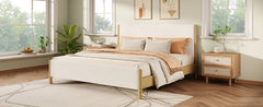 Modern White Boucle Upholstered Bed with Rubberwood Legs, KING, White