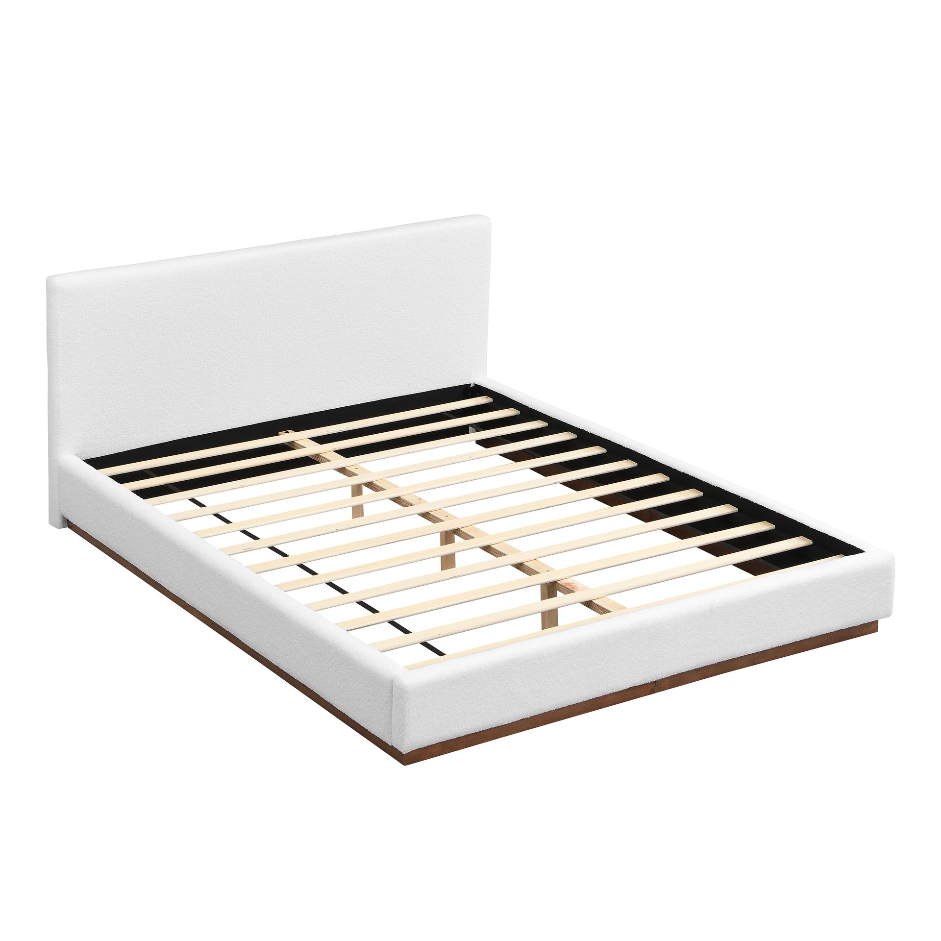 Elegant White Fabric Upholstered Bed With Nice Wood Grain Textured Solid Wood Base Frame,White,Queen