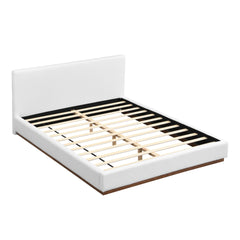Elegant White Fabric Upholstered Bed With Nice Wood Grain Textured Solid Wood Base Frame,White,Queen