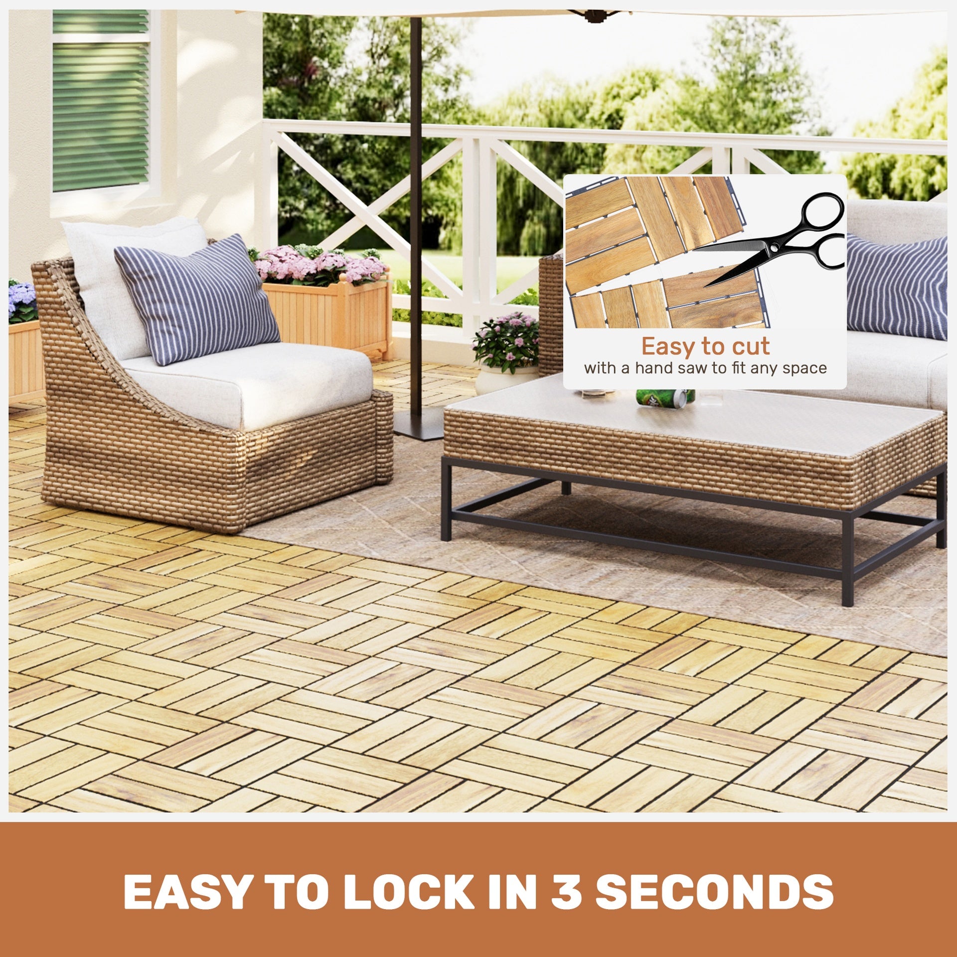 20 PCS Interlocking Deck Tiles Checker Pattern, 12" x 12" Square Yellow Acacia Hardwood Outdoor Flooring for Patio, Bancony, Pool Side,...