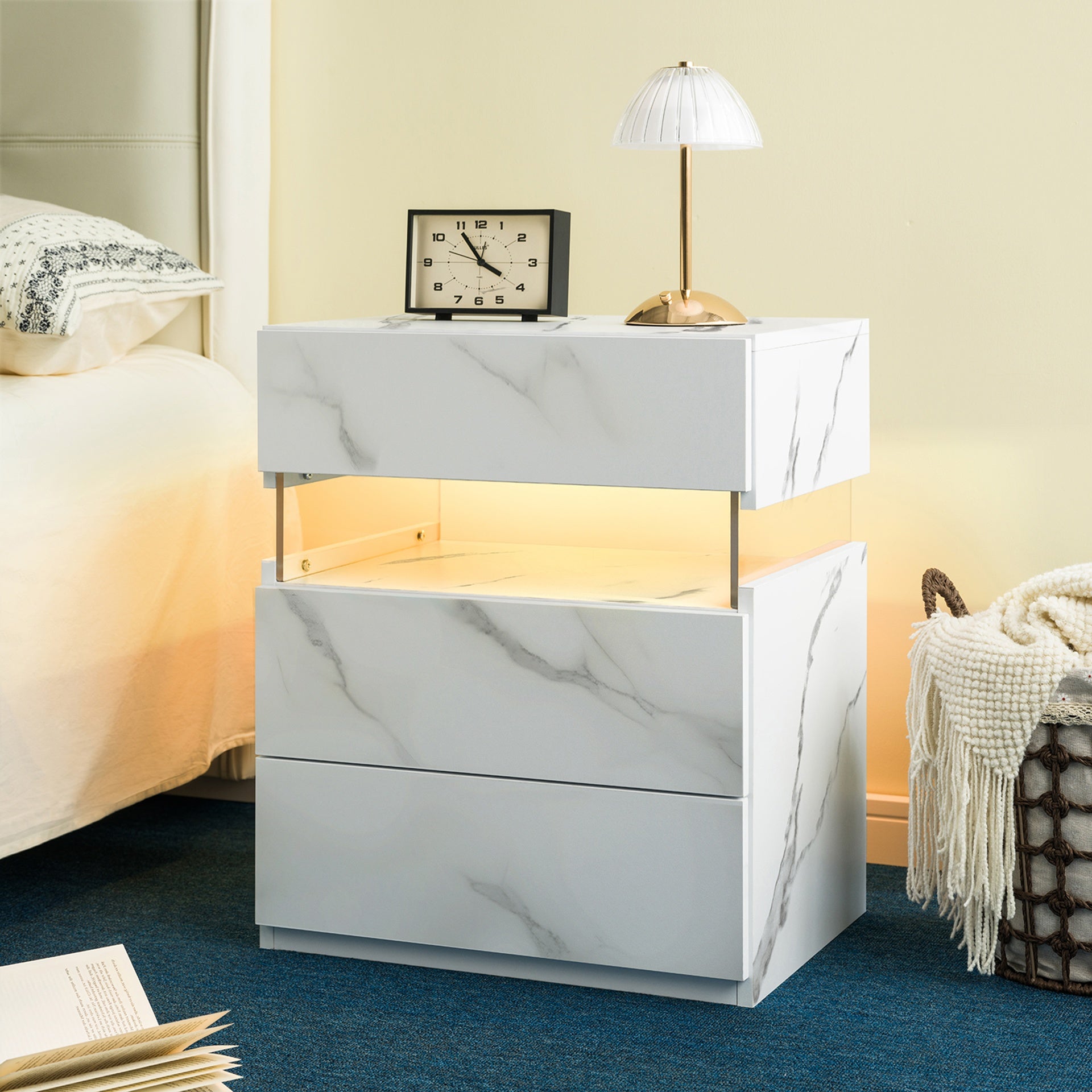 LED Nightstands 3 Drawer Dresser for Bedroom End Table with Acrylic Board LED Bedside Tables (White Stone)
