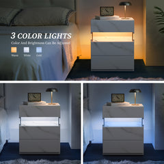 LED Nightstands 3 Drawer Dresser for Bedroom End Table with Acrylic Board LED Bedside Tables (White Stone)
