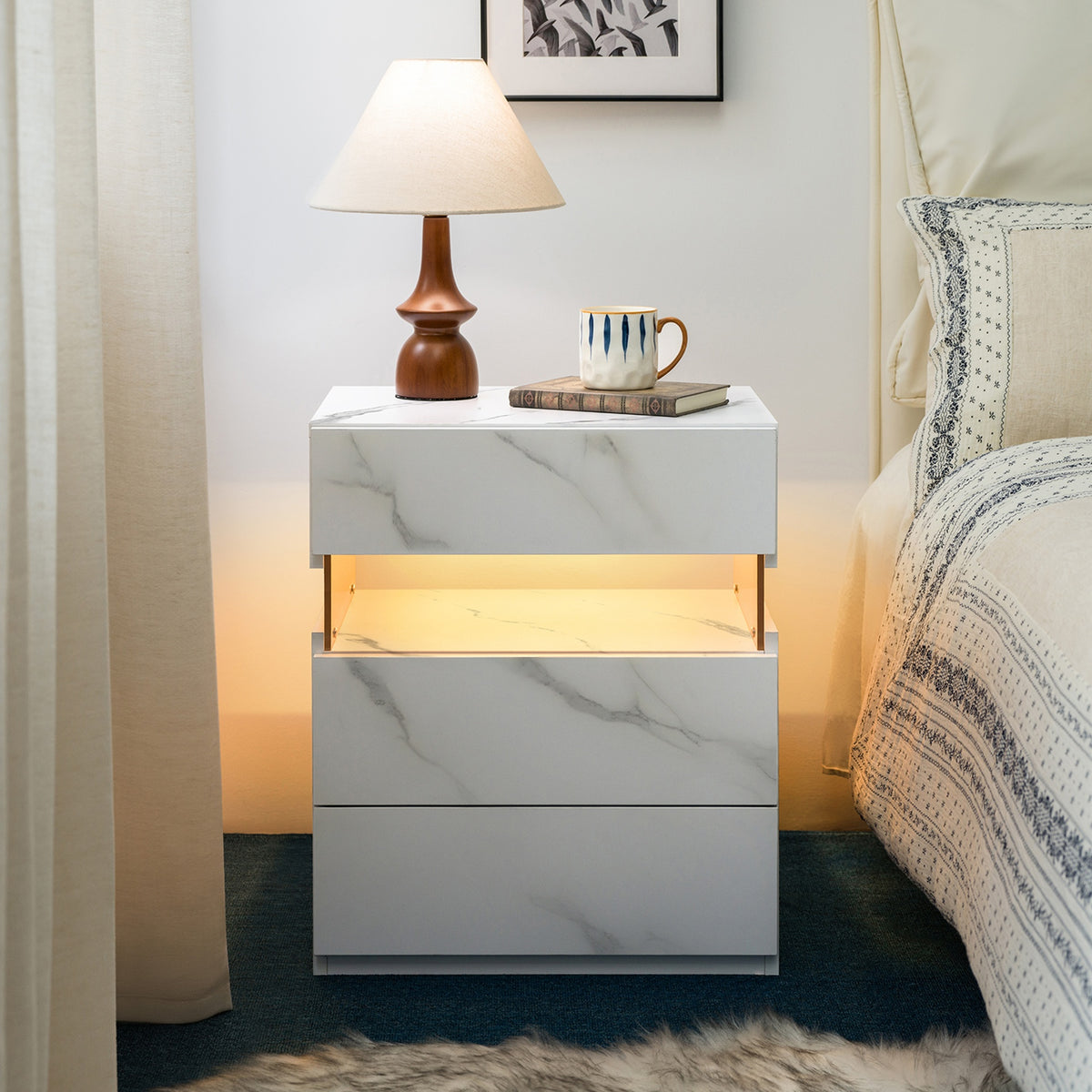 LED Nightstands 3 Drawer Dresser for Bedroom End Table with Acrylic Board LED Bedside Tables (White Stone)