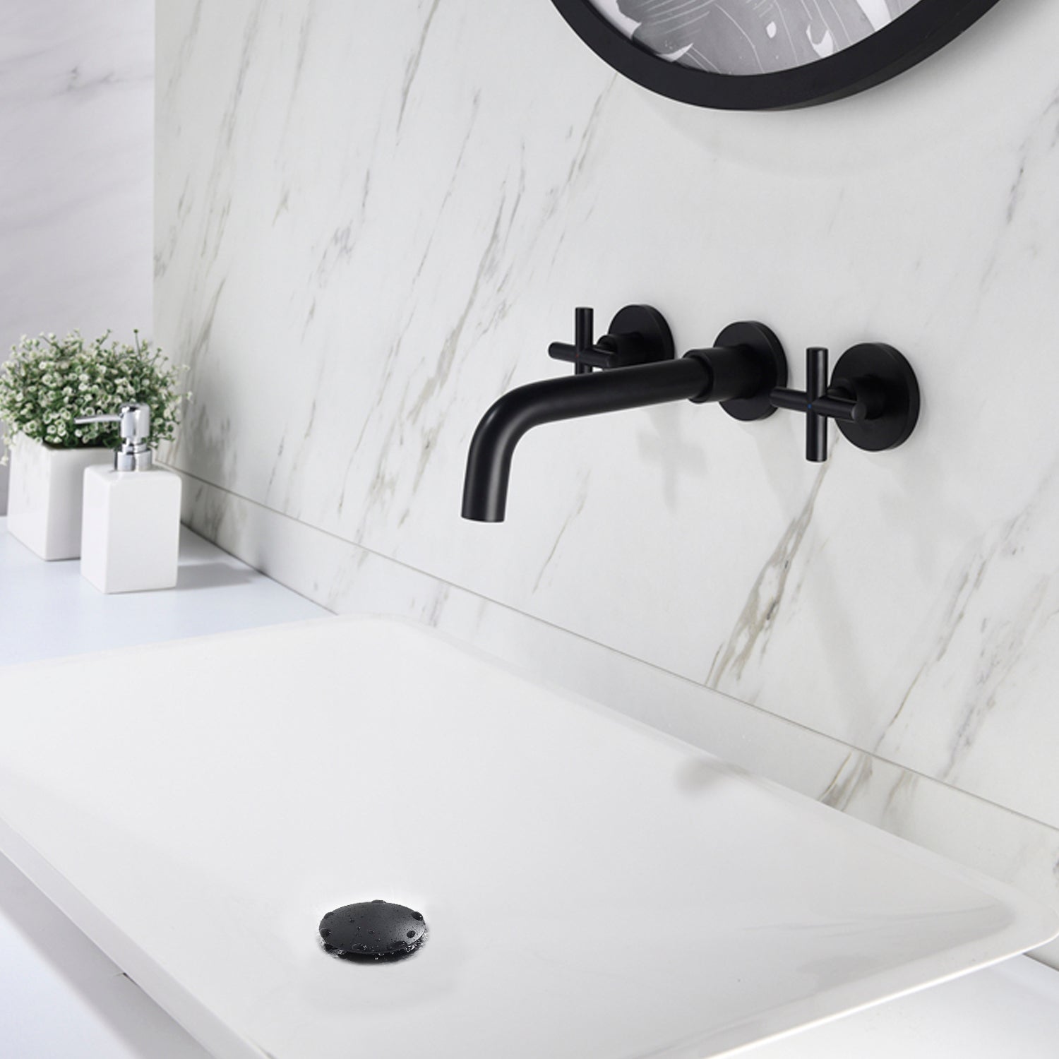 Wall Mounted Dual Handle Bathroom Sink Faucet with Pop-Up Drain (No Overflow)