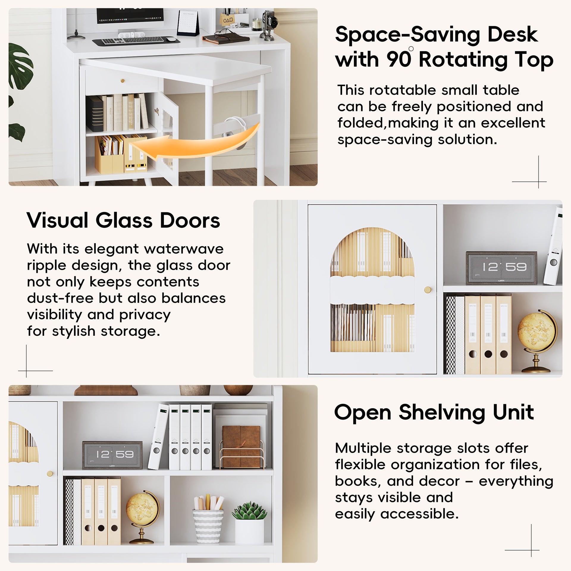 Computer Desk with 90 Degree Rotating Desktop, 43x70 Inch Office Desk with Storage Drawer and Cabinets, Gaming Desk with Shelves, Writing Desk for Study, Work Desk for Home