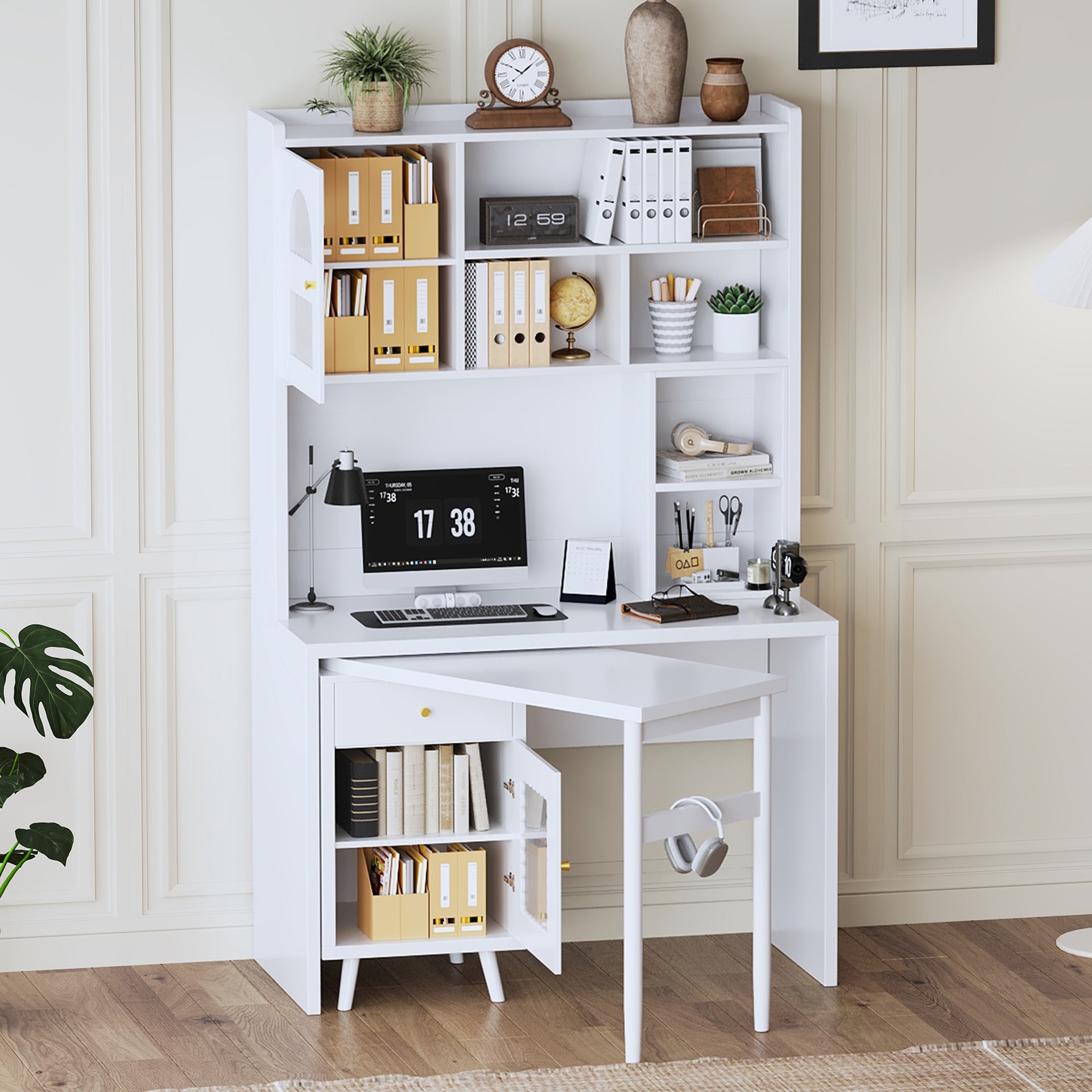 Computer Desk with 90 Degree Rotating Desktop, 43x70 Inch Office Desk with Storage Drawer and Cabinets, Gaming Desk with Shelves, Writing Desk for Study, Work Desk for Home