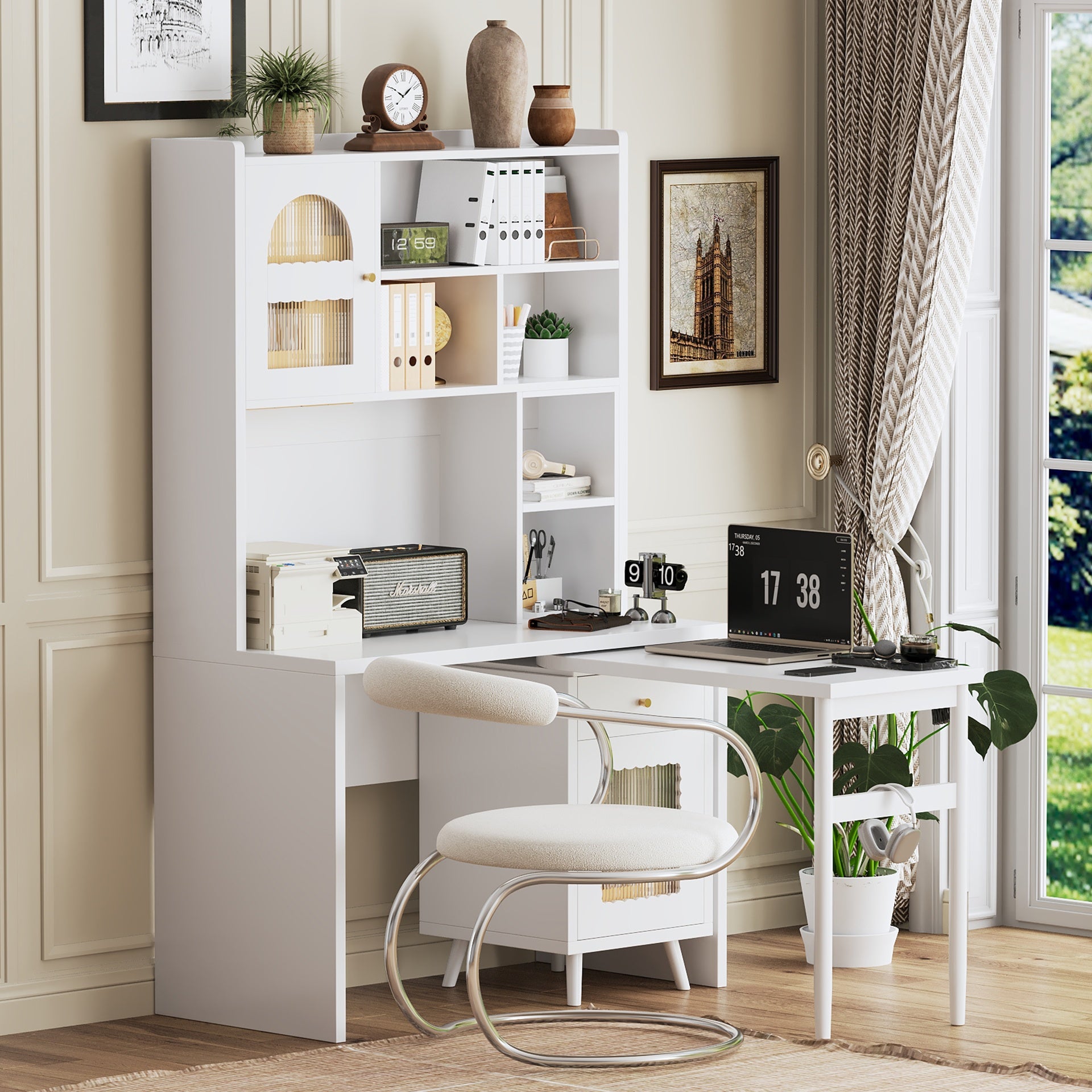 Computer Desk with 90 Degree Rotating Desktop, 43x70 Inch Office Desk with Storage Drawer and Cabinets, Gaming Desk with Shelves, Writing Desk for Study, Work Desk for Home