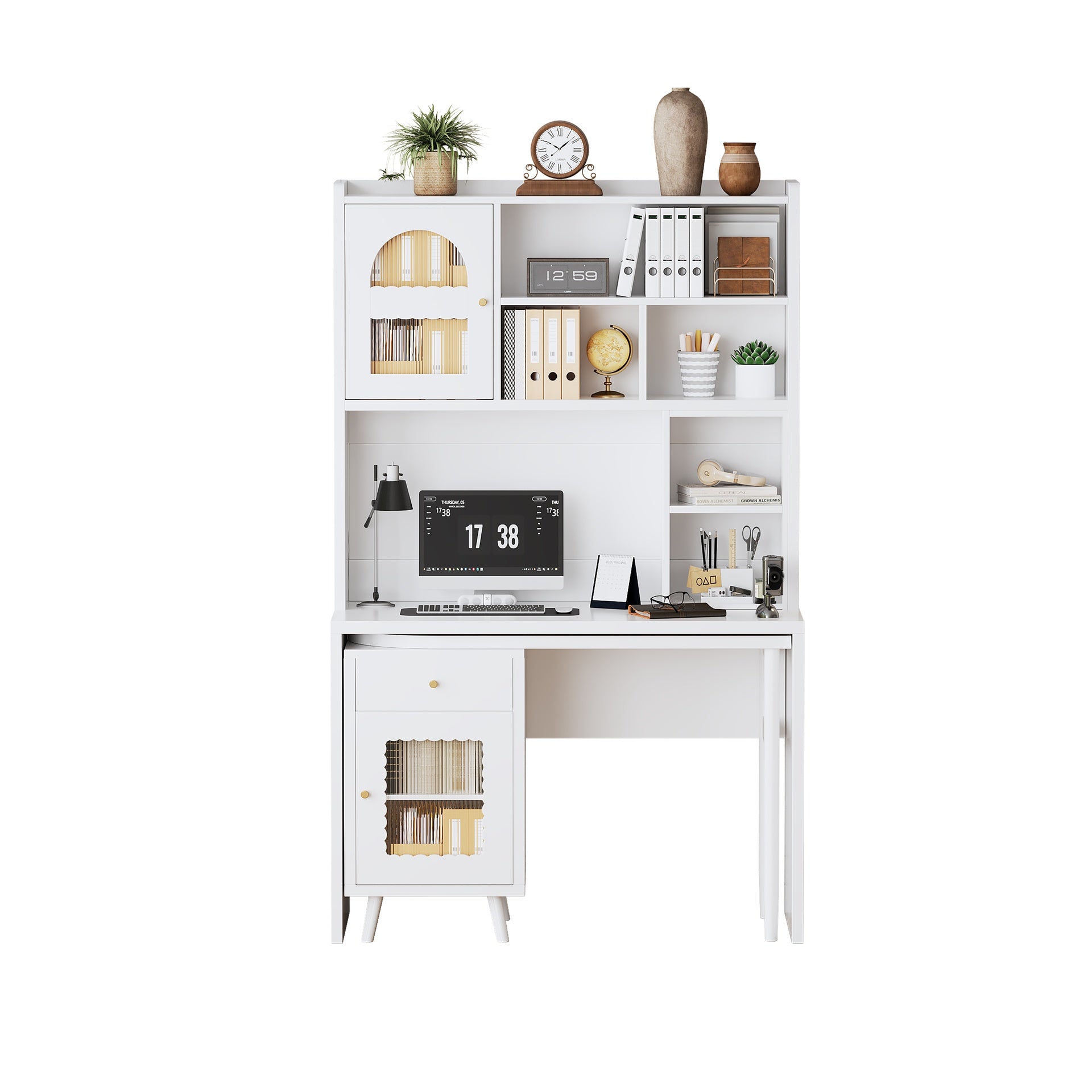 Computer Desk with 90 Degree Rotating Desktop, 43x70 Inch Office Desk with Storage Drawer and Cabinets, Gaming Desk with Shelves, Writing Desk for Study, Work Desk for Home