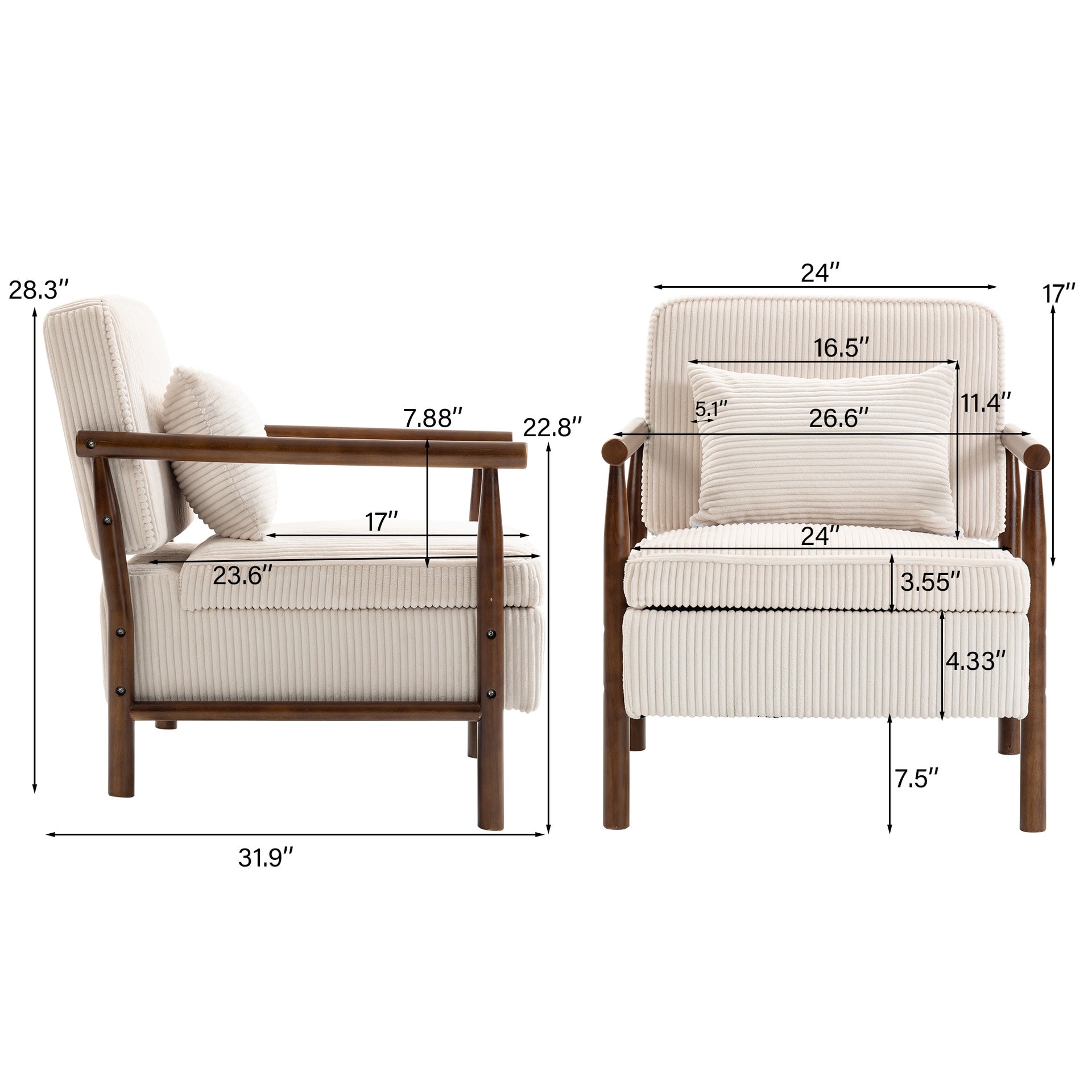 Storage Chair,Mid Century Modern Accent Chair with Wood Frame, Upholstered Living Room Chairs with Waist Cushion, Reading Armchair for Bedroom Sunroom