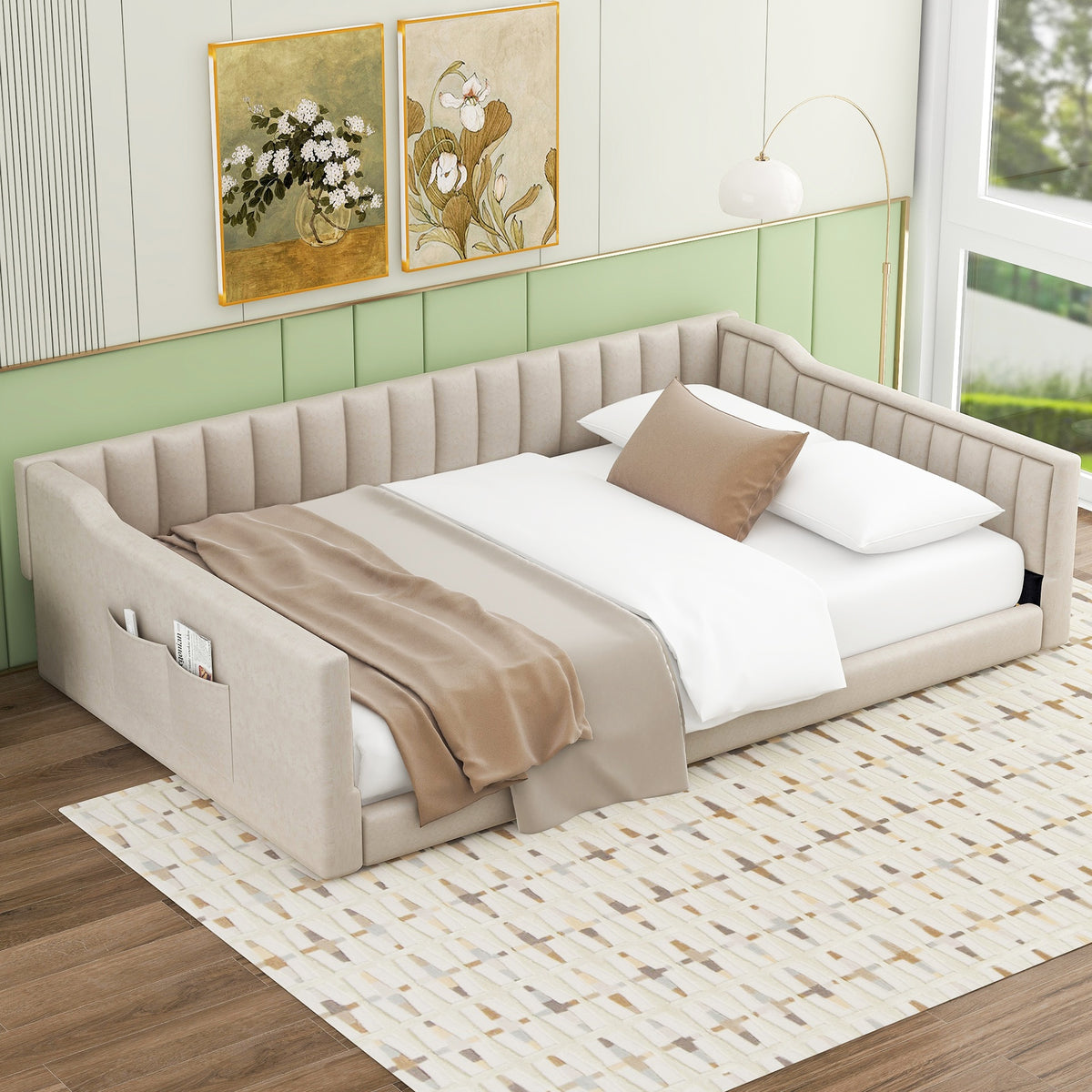 Full XL Size Upholstery Daybed and Side Storage pocket,Beige