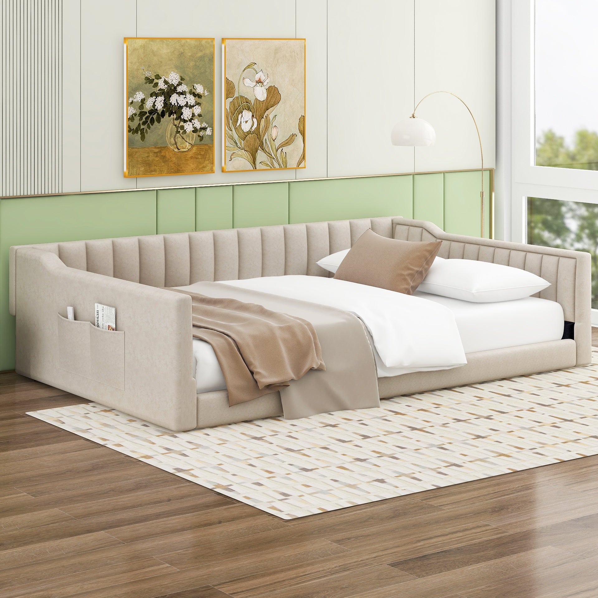 Full XL Size Upholstery Daybed and Side Storage pocket,Beige