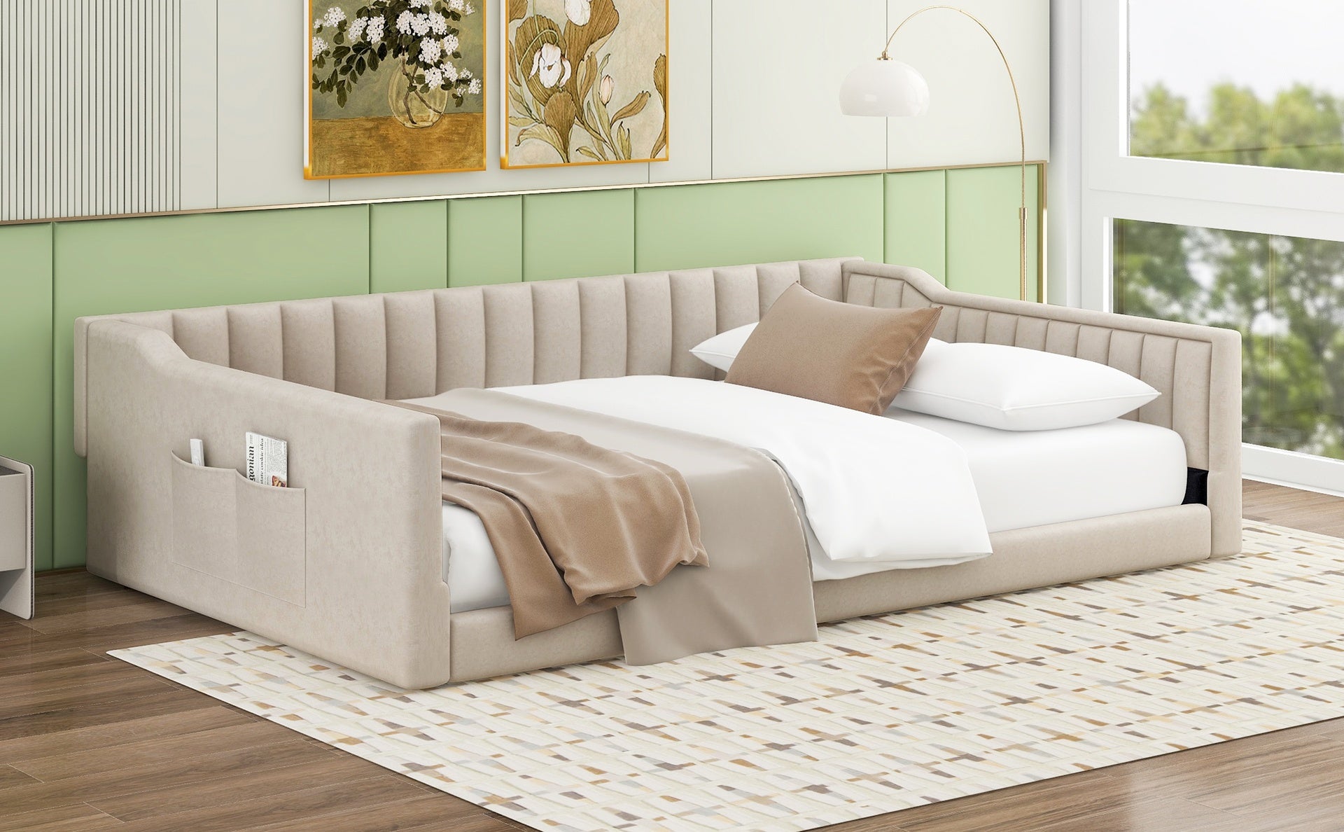Full XL Size Upholstery Daybed and Side Storage pocket,Beige