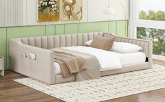 Full XL Size Upholstery Daybed and Side Storage pocket,Beige