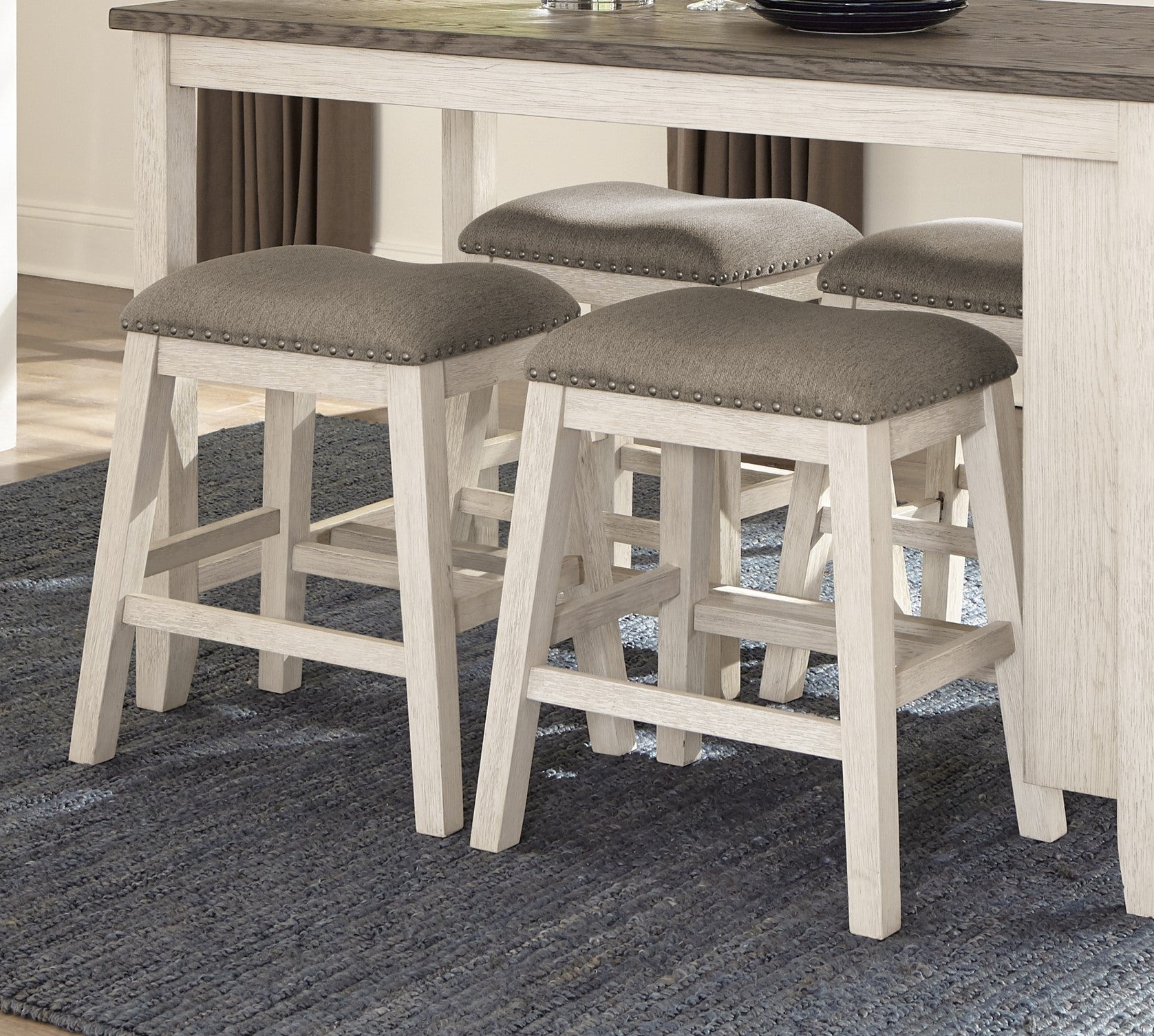 Antique White Finish 5pc Counter Height Set Multifunctional Counter Height Table with 4 Stools Brown Fabric Upholstered Nailhead Trim Dining Room Furniture