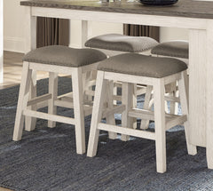 Antique White Finish 5pc Counter Height Set Multifunctional Counter Height Table with 4 Stools Brown Fabric Upholstered Nailhead Trim Dining Room Furniture