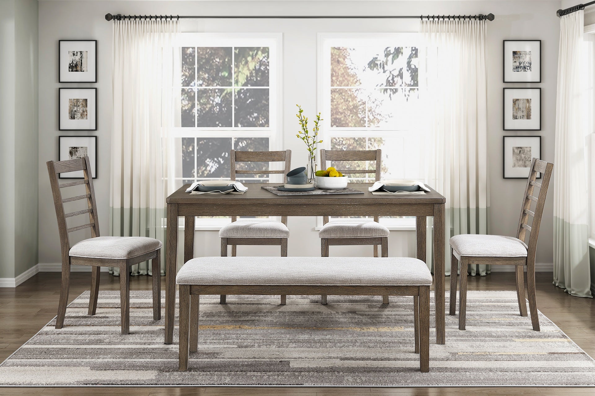 Stylish 6-Piece Dining Table Set with Bench Side Chairs Comfortable Light Brown Finish Wooden Dining Furniture