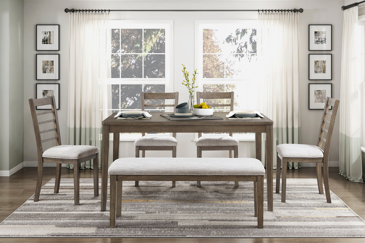 Stylish 6-Piece Dining Table Set with Bench Side Chairs Comfortable Light Brown Finish Wooden Dining Furniture