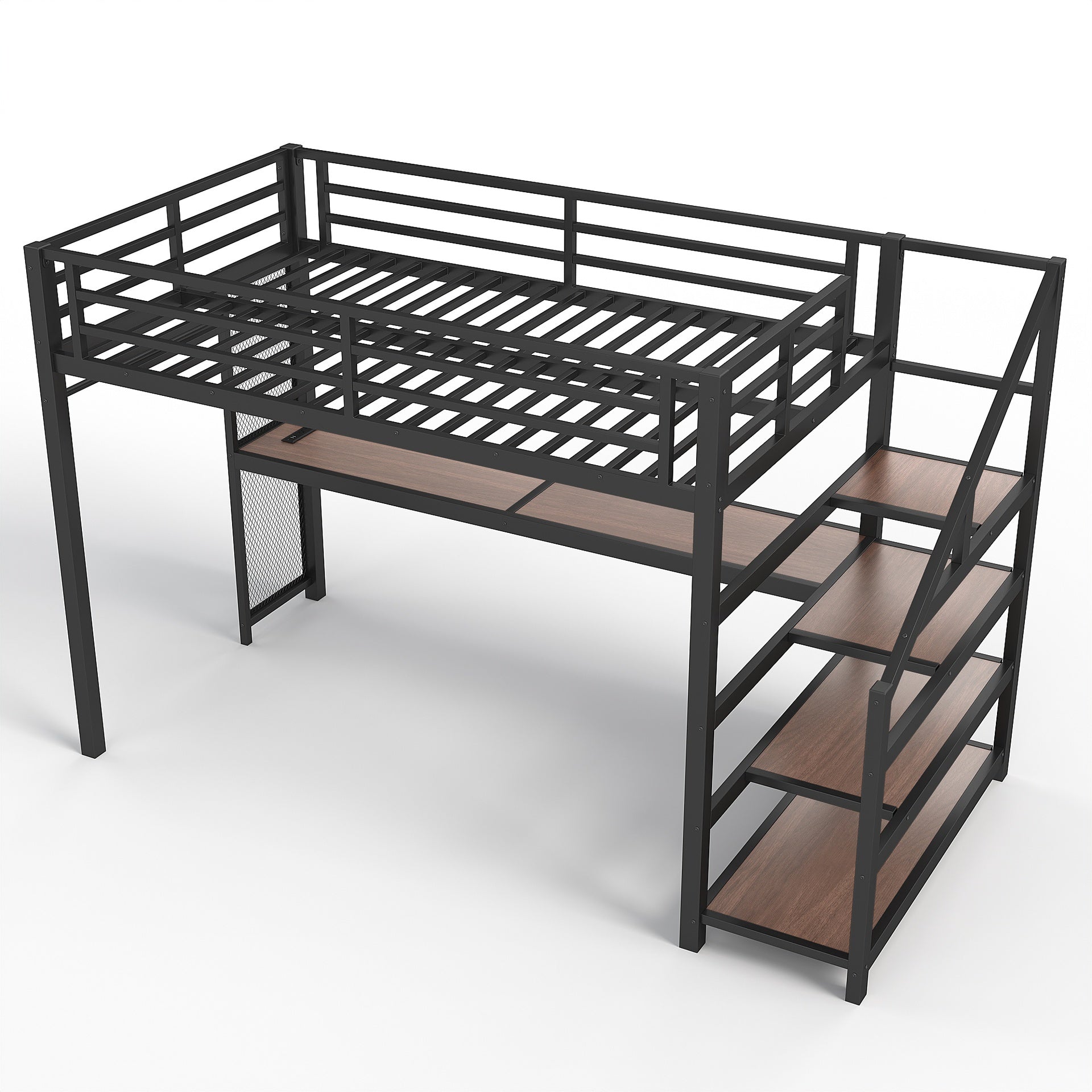 Twin XL Loft Bed with Desk and Storage Stairs, Metal Loft Beds with LED Lights, USB Ports, Multifunctional Iron Nets, No Spring Box Needed and Noise-free, Black