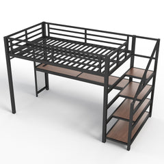 Twin XL Loft Bed with Desk and Storage Stairs, Metal Loft Beds with LED Lights, USB Ports, Multifunctional Iron Nets, No Spring Box Needed and Noise-free, Black