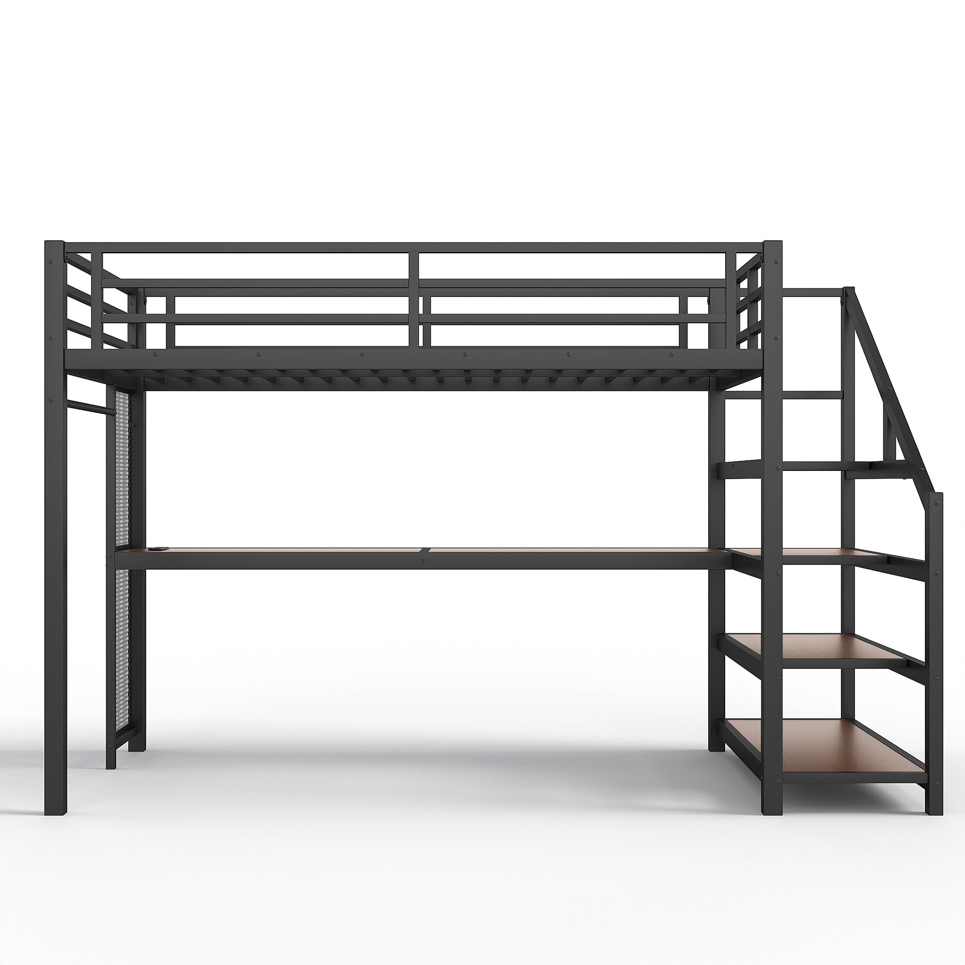 Twin XL Loft Bed with Desk and Storage Stairs, Metal Loft Beds with LED Lights, USB Ports, Multifunctional Iron Nets, No Spring Box Needed and Noise-free, Black