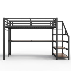 Twin XL Loft Bed with Desk and Storage Stairs, Metal Loft Beds with LED Lights, USB Ports, Multifunctional Iron Nets, No Spring Box Needed and Noise-free, Black