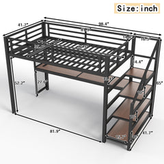 Twin XL Loft Bed with Desk and Storage Stairs, Metal Loft Beds with LED Lights, USB Ports, Multifunctional Iron Nets, No Spring Box Needed and Noise-free, Black