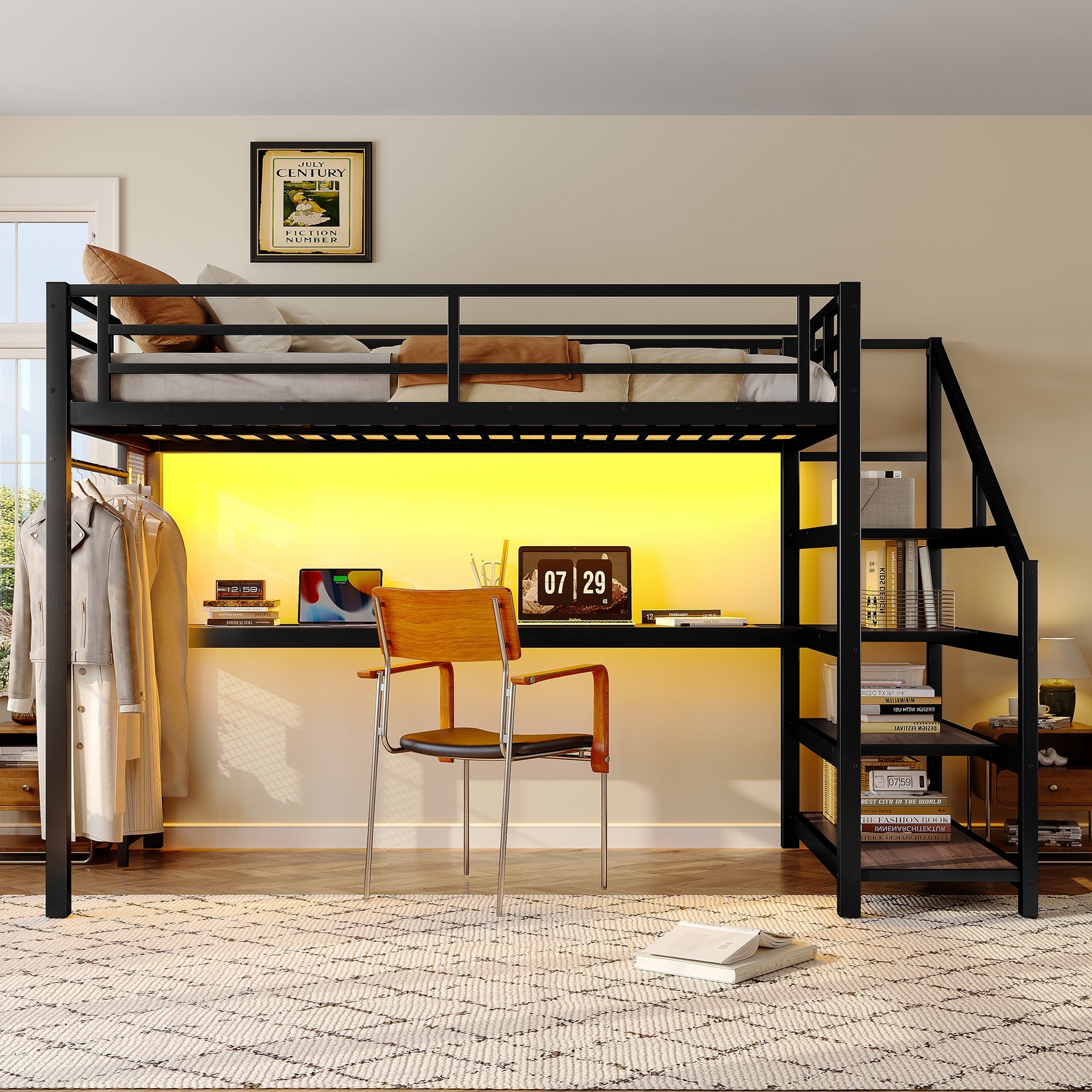 Twin XL Loft Bed with Desk and Storage Stairs, Metal Loft Beds with LED Lights, USB Ports, Multifunctional Iron Nets, No Spring Box Needed and Noise-free, Black