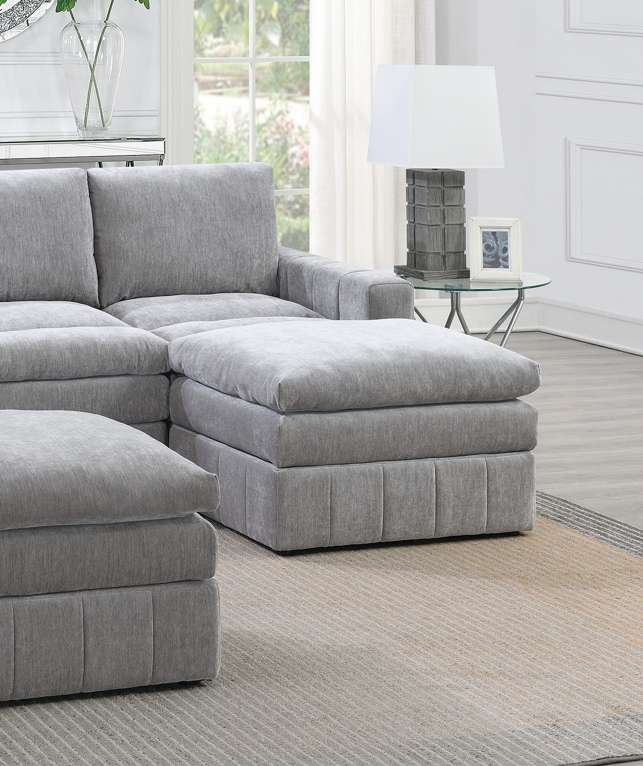 Contemporary 5pc Set Modular Sectional Set 2x One Arm Chair / Wedge 1x Armless Chair 2x Ottoman Granite Color Morgan Fabric Plush Living Room Furniture